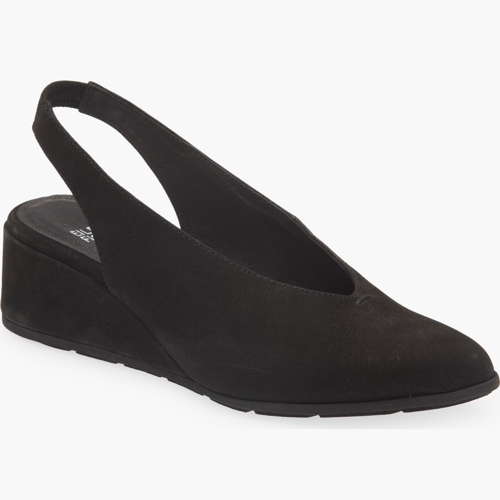 Eileen Fisher (9) Devi Black Tumbler Nubuck Leather Slingback Wedge Block Heel